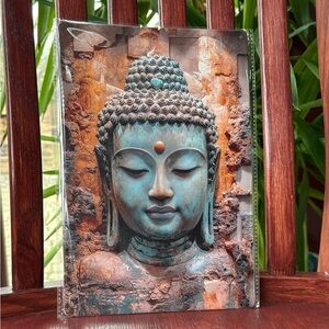 Stunning 2D Flat Golden Leaf Buddha Statue Retro Metal Art Decor 12”x8”. New